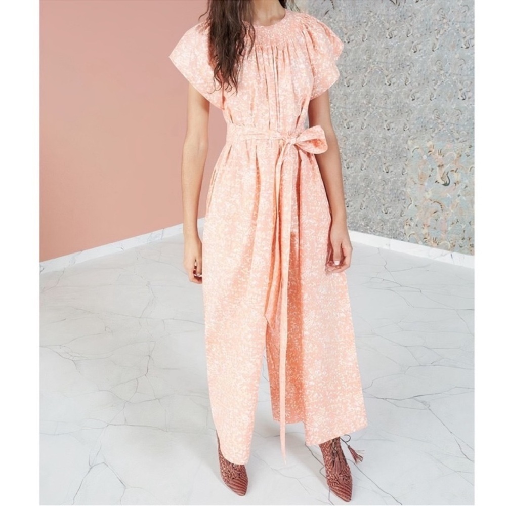 ULLA JOHNSON Peach Floral Cotton Coralie Wide‎ Leg Jumpsuit Size 6 Waist Tie